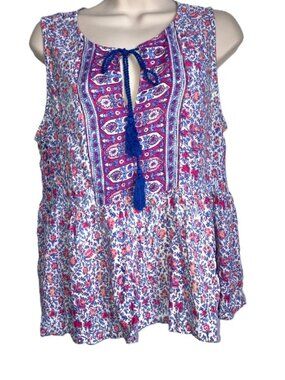 LUCKY BRAND Sleeveless Floral Boho Top in Pink, Blue & White Womens Medium